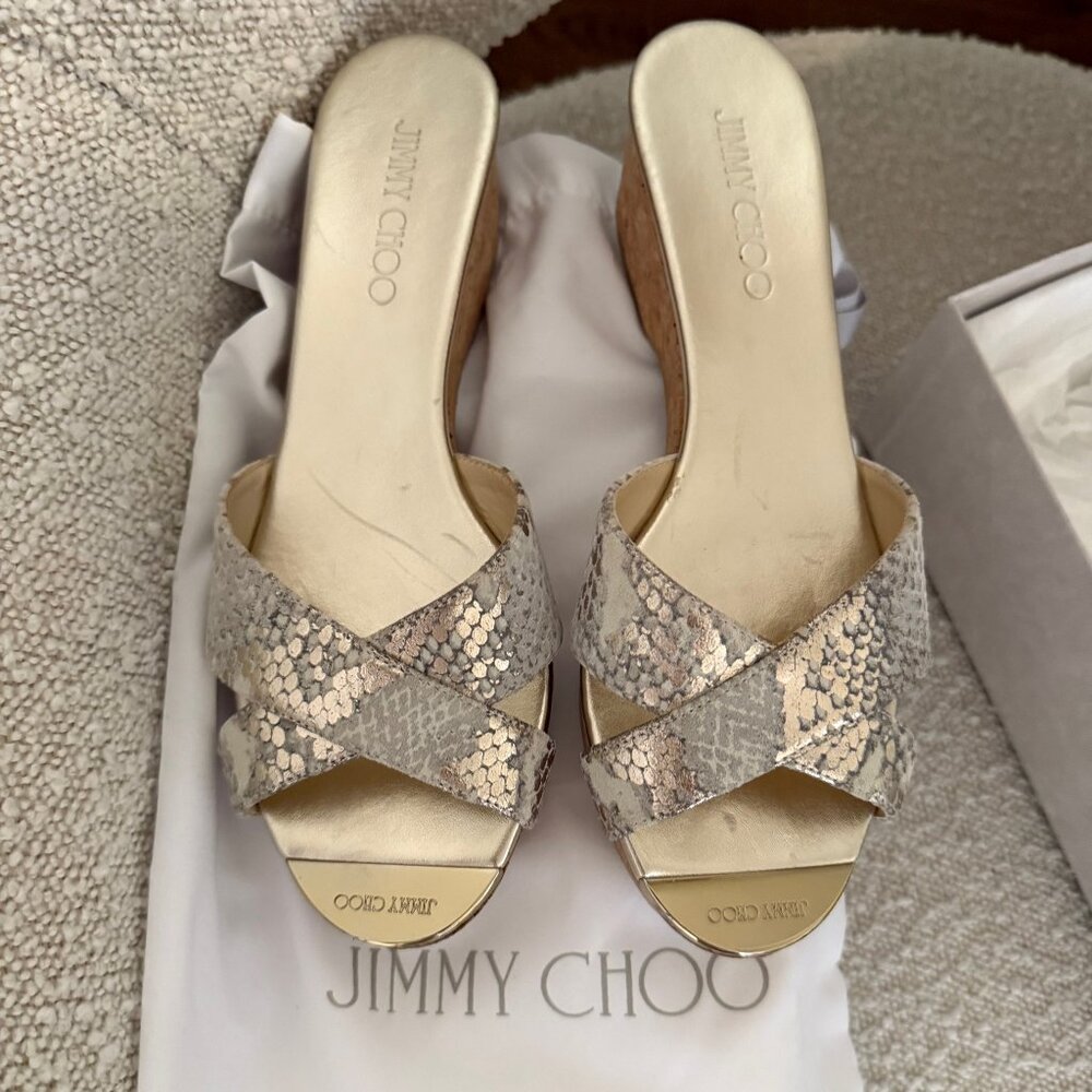 Jimmy Choo Panna Light Khaki Metallic Snake Printed Suede 39 US 8.5 Cork Heel